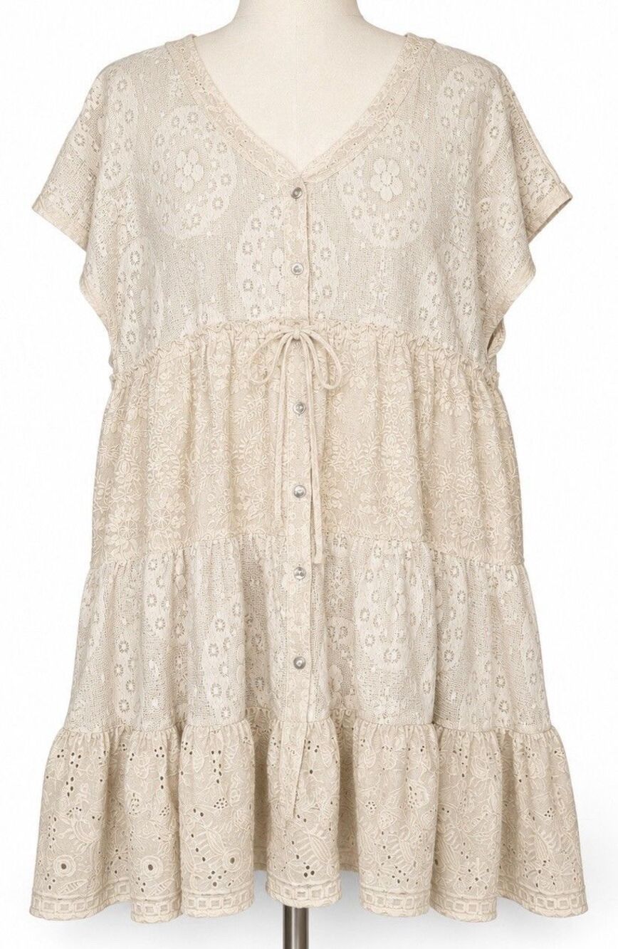 Lucky Brand XL Cream Embroidered Eyelet Tiered Boho Midi Dress Cami Lining NWT